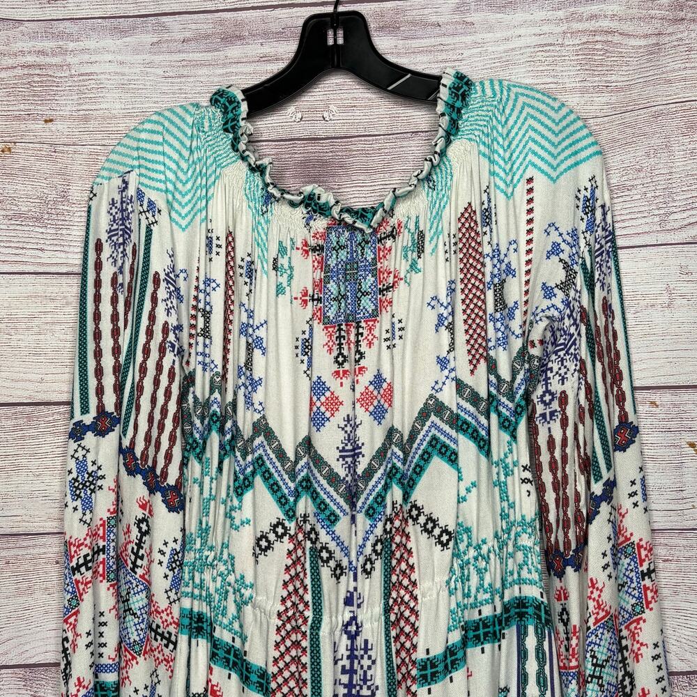 Hemant & Nandita Boho Off Sholder Embroidered Tassel Smocked Mini Dress Medium - Picture 11 of 15